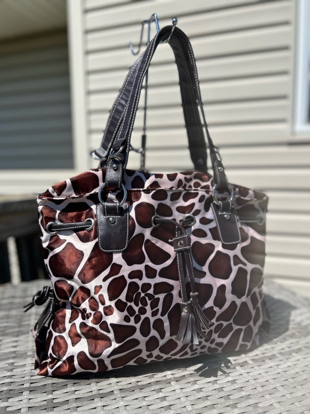 Inspired Giraffe-Print Tote Bag with Tassel Accent - Brown/White - Picture 2 of 3